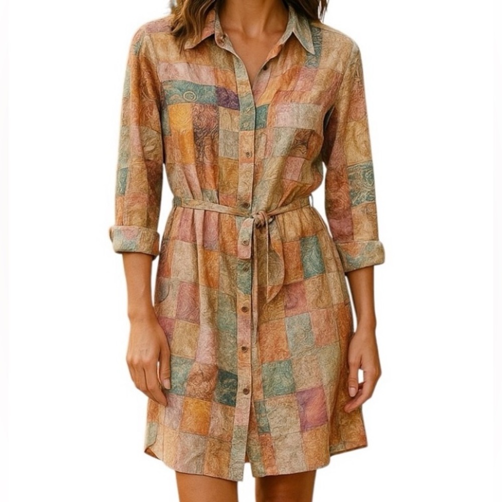 Megasconi Sz L Linen Dress Neutral Waist Tie Long Sleeve Roll Tabs Design | NWT